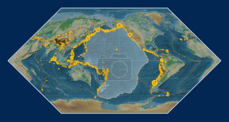 Téléchargez les photos : La plaque tectonique du Pacifique sur la carte physique de l'altitude dans la projection d'Eckert I était centrée méridionale. Lieux des tremblements de terre de plus de 6,5 magnitude enregistrés depuis le début du 17ème siècle - en image libre de droit