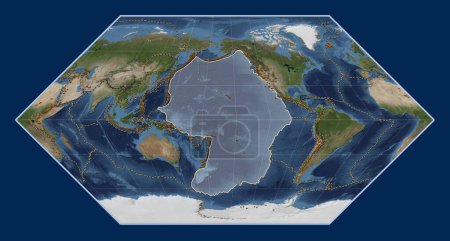 Foto de Placa tectónica del Pacífico en el mapa satélite de mármol azul en la proyección Eckert I centrada meridionalmente. Distribución de volcanes conocidos - Imagen libre de derechos