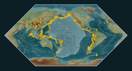 Téléchargez les photos : Plaque tectonique du Pacifique sur la carte d'élévation de style Wiki dans la projection d'Eckert I centrée méridionale. Lieux des tremblements de terre de plus de 6,5 magnitude enregistrés depuis le début du 17ème siècle - en image libre de droit