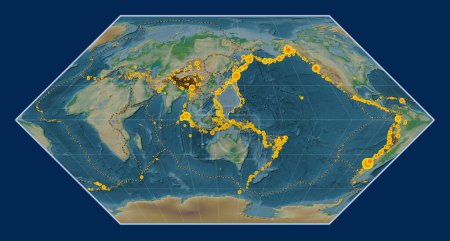 Téléchargez les photos : La plaque tectonique de la mer des Philippines sur la carte physique de l'altitude dans la projection d'Eckert I était centrée méridionale. Lieux des tremblements de terre de plus de 6,5 magnitude enregistrés depuis le début du 17ème siècle - en image libre de droit