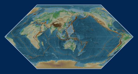 Téléchargez les photos : La plaque tectonique de la mer des Philippines sur la carte physique de l'altitude dans la projection d'Eckert I était centrée méridionale. Distribution des volcans connus - en image libre de droit