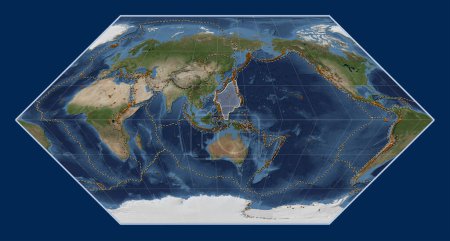 Photo for Philippine Sea tectonic plate on the Blue Marble satellite map in the Eckert I projection centered meridionally. Distribution of known volcanoes - Royalty Free Image
