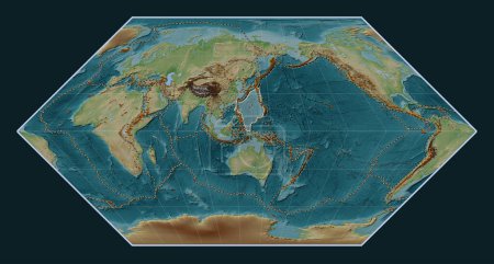 Téléchargez les photos : Plaque tectonique de la mer des Philippines sur la carte d'altitude de style Wiki dans la projection Eckert I centrée méridionale. Distribution des volcans connus - en image libre de droit