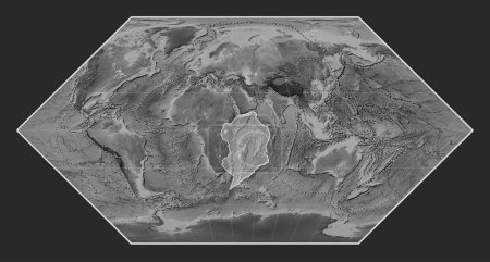 Foto de Placa tectónica somalí en el mapa de elevación a escala de grises en la proyección Eckert I centrada meridionalmente. Límites de otras placas - Imagen libre de derechos