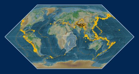 Photo for Somalian tectonic plate on the physical elevation map in the Eckert I projection centered meridionally. Locations of earthquakes above 6.5 magnitude recorded since the early 17th century - Royalty Free Image