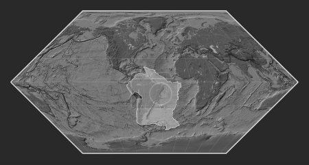 Photo for South American tectonic plate on the bilevel elevation map in the Eckert I projection centered meridionally. - Royalty Free Image