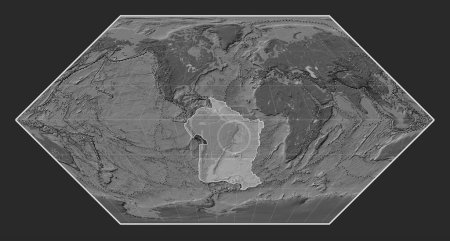 Photo for South American tectonic plate on the bilevel elevation map in the Eckert I projection centered meridionally. Boundaries of other plates - Royalty Free Image