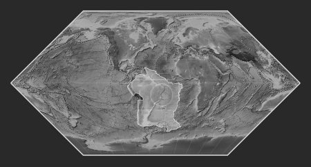 Téléchargez les photos : La plaque tectonique sud-américaine sur la carte de l'altitude en niveaux de gris dans la projection d'Eckert I était centrée méridionale. Limites des autres plaques - en image libre de droit
