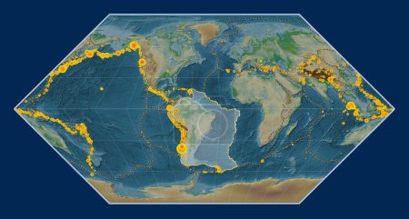 Téléchargez les photos : La plaque tectonique sud-américaine sur la carte physique de l'altitude dans la projection d'Eckert I était centrée méridionale. Lieux des tremblements de terre de plus de 6,5 magnitude enregistrés depuis le début du 17ème siècle - en image libre de droit