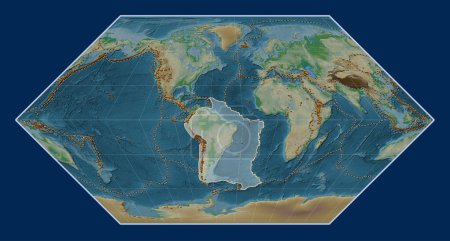 Photo for South American tectonic plate on the physical elevation map in the Eckert I projection centered meridionally. Distribution of known volcanoes - Royalty Free Image