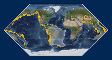 Foto de Placa tectónica sudamericana en el mapa satélite de mármol azul en la proyección Eckert I centrada meridionalmente. Localizaciones de terremotos de magnitud superior a 6,5 registradas desde principios del siglo XVII - Imagen libre de derechos