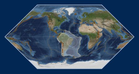 Foto de Placa tectónica sudamericana en el mapa satélite de mármol azul en la proyección Eckert I centrada meridionalmente. Distribución de volcanes conocidos - Imagen libre de derechos