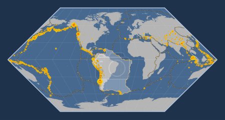 Téléchargez les photos : Plaque tectonique sud-américaine sur la carte de contour solide dans la projection Eckert I centrée méridionale. Lieux des tremblements de terre de plus de 6,5 magnitude enregistrés depuis le début du 17ème siècle - en image libre de droit