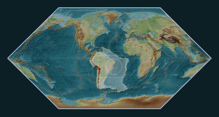 Téléchargez les photos : Plaque tectonique sud-américaine sur la carte d'élévation de style Wiki dans la projection d'Eckert I centrée méridionale. Distribution des volcans connus - en image libre de droit