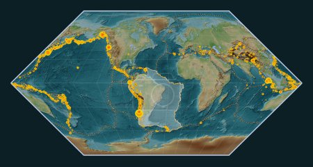 Photo for South American tectonic plate on the Wiki style elevation map in the Eckert I projection centered meridionally. Locations of earthquakes above 6.5 magnitude recorded since the early 17th century - Royalty Free Image