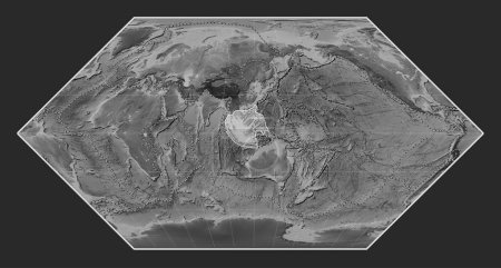 Foto de Placa tectónica de Sunda en el mapa de elevación a escala de grises en la proyección Eckert I centrada meridionalmente. Límites de otras placas - Imagen libre de derechos