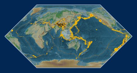 Foto de Placa tectónica de Sunda en el mapa de elevación física en la proyección Eckert I centrada meridionalmente. Localizaciones de terremotos de magnitud superior a 6,5 registradas desde principios del siglo XVII - Imagen libre de derechos