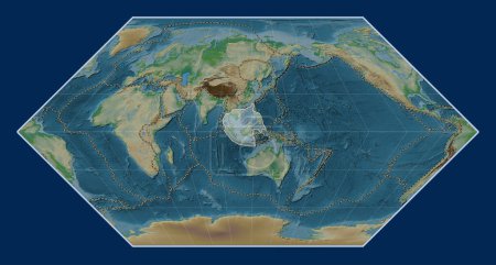 Photo for Sunda tectonic plate on the physical elevation map in the Eckert I projection centered meridionally. Boundaries of other plates - Royalty Free Image