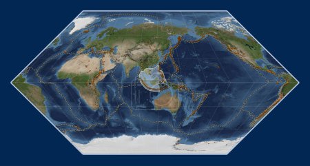 Photo for Sunda tectonic plate on the Blue Marble satellite map in the Eckert I projection centered meridionally. Distribution of known volcanoes - Royalty Free Image
