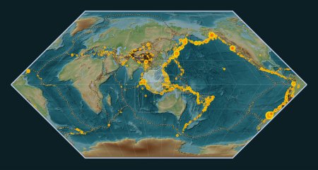 Photo for Sunda tectonic plate on the Wiki style elevation map in the Eckert I projection centered meridionally. Locations of earthquakes above 6.5 magnitude recorded since the early 17th century - Royalty Free Image