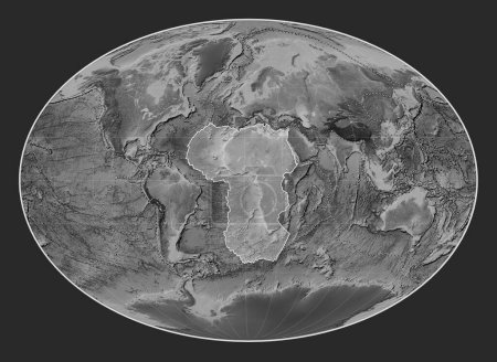 Photo for African tectonic plate on the grayscale elevation map in the Fahey projection centered meridionally. Boundaries of other plates - Royalty Free Image