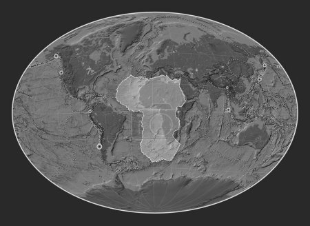 Foto de Placa tectónica africana en el mapa de elevación bilevel en la proyección Fahey Oblique centrada meridional y latitudinalmente. Localizaciones de terremotos de magnitud superior a 6,5 registradas desde principios del siglo XVII - Imagen libre de derechos