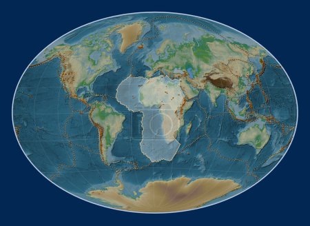 Téléchargez les photos : Plaque tectonique africaine sur la carte physique de l'altitude dans la projection Fahey Oblique centrée méridionale et latitudinale. Distribution des volcans connus - en image libre de droit