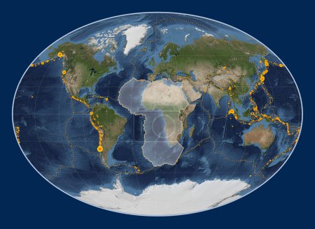 Téléchargez les photos : Plaque tectonique africaine sur la carte satellite Blue Marble dans la projection Fahey centrée méridionale. Lieux des tremblements de terre de plus de 6,5 magnitude enregistrés depuis le début du 17ème siècle - en image libre de droit
