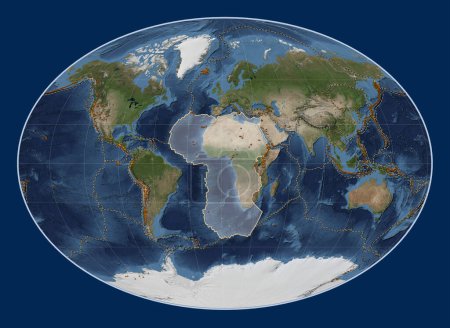 Téléchargez les photos : Plaque tectonique africaine sur la carte satellite Blue Marble dans la projection Fahey centrée méridionale. Distribution des volcans connus - en image libre de droit