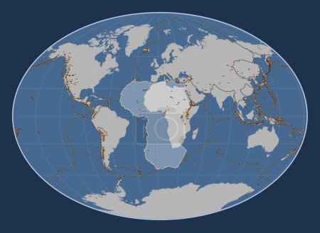 Téléchargez les photos : Plaque tectonique africaine sur la carte de contour solide dans la projection Fahey centrée méridionale. Distribution des volcans connus - en image libre de droit