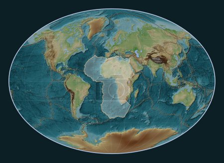 Téléchargez les photos : Plaque tectonique africaine sur la carte d'élévation de style Wiki dans la projection Fahey centrée méridionale. Limites des autres plaques - en image libre de droit