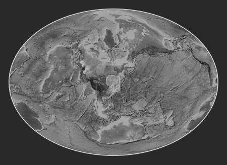 Photo for Amur tectonic plate on the grayscale elevation map in the Fahey Oblique projection centered meridionally and latitudinally. Boundaries of other plates - Royalty Free Image
