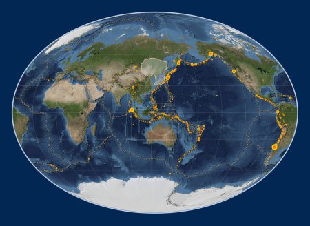 Téléchargez les photos : Plaque tectonique Amour sur la carte satellite Blue Marble dans la projection Fahey centrée méridionale. Lieux des tremblements de terre de plus de 6,5 magnitude enregistrés depuis le début du 17ème siècle - en image libre de droit