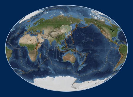Téléchargez les photos : Plaque tectonique Amour sur la carte satellite Blue Marble dans la projection Fahey centrée méridionale. Distribution des volcans connus - en image libre de droit
