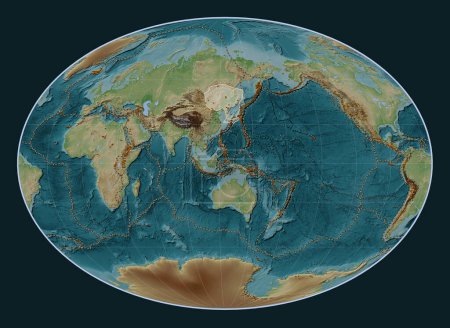 Téléchargez les photos : Plaque tectonique Amour sur la carte d'élévation de style Wiki dans la projection Fahey centrée méridionale. Distribution des volcans connus - en image libre de droit
