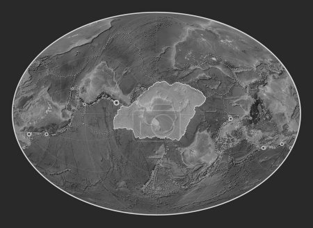 Téléchargez les photos : Plaque tectonique antarctique sur la carte d'altitude en niveaux de gris dans la projection Fahey Oblique centrée méridionale et latitudinale. Lieux des tremblements de terre de plus de 6,5 magnitude enregistrés depuis le début du 17ème siècle - en image libre de droit