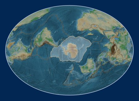 Photo for Antarctica tectonic plate on the physical elevation map in the Fahey Oblique projection centered meridionally and latitudinally. Boundaries of other plates - Royalty Free Image