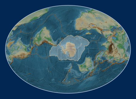 Photo for Antarctica tectonic plate on the physical elevation map in the Fahey Oblique projection centered meridionally and latitudinally. Distribution of known volcanoes - Royalty Free Image