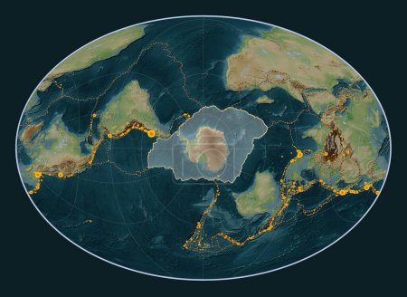 Téléchargez les photos : Plaque tectonique antarctique sur la carte d'altitude de style Wiki dans la projection Fahey Oblique centrée méridionale et latitudinale. Lieux des tremblements de terre de plus de 6,5 magnitude enregistrés depuis le début du 17ème siècle - en image libre de droit