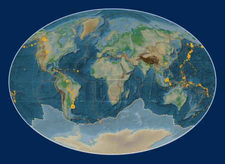 Téléchargez les photos : Plaque tectonique antarctique sur la carte physique de l'altitude dans la projection Fahey centrée méridionale. Lieux des tremblements de terre de plus de 6,5 magnitude enregistrés depuis le début du 17ème siècle - en image libre de droit
