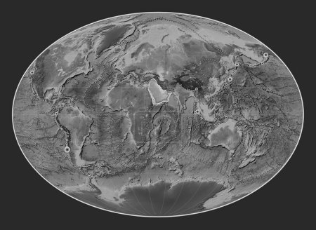 Photo for Arabian tectonic plate on the grayscale elevation map in the Fahey projection centered meridionally. Locations of earthquakes above 6.5 magnitude recorded since the early 17th century - Royalty Free Image
