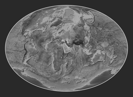 Photo for Arabian tectonic plate on the grayscale elevation map in the Fahey Oblique projection centered meridionally and latitudinally. Boundaries of other plates - Royalty Free Image
