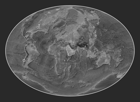 Photo for Arabian tectonic plate on the grayscale elevation map in the Fahey Oblique projection centered meridionally and latitudinally. Locations of earthquakes above 6.5 magnitude recorded since the early 17th century - Royalty Free Image