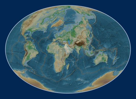 Photo for Arabian tectonic plate on the physical elevation map in the Fahey Oblique projection centered meridionally and latitudinally. Boundaries of other plates - Royalty Free Image