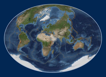 Photo for Arabian tectonic plate on the Blue Marble satellite map in the Fahey Oblique projection centered meridionally and latitudinally. Distribution of known volcanoes - Royalty Free Image