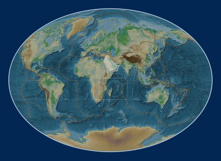 Photo for Arabian tectonic plate on the physical elevation map in the Fahey projection centered meridionally. Boundaries of other plates - Royalty Free Image