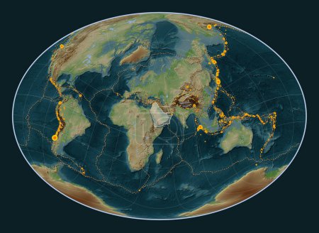 Photo for Arabian tectonic plate on the Wiki style elevation map in the Fahey Oblique projection centered meridionally and latitudinally. Locations of earthquakes above 6.5 magnitude recorded since the early 17th century - Royalty Free Image