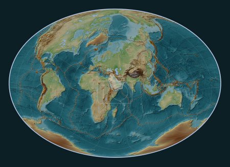Photo for Arabian tectonic plate on the Wiki style elevation map in the Fahey Oblique projection centered meridionally and latitudinally. Distribution of known volcanoes - Royalty Free Image
