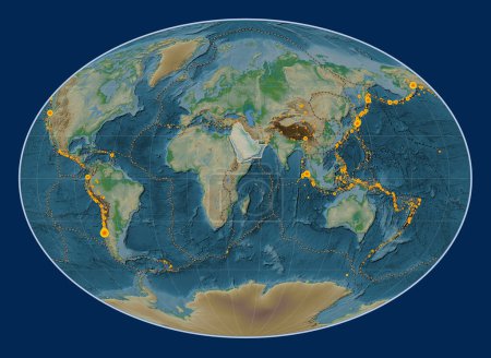 Photo for Arabian tectonic plate on the physical elevation map in the Fahey projection centered meridionally. Locations of earthquakes above 6.5 magnitude recorded since the early 17th century - Royalty Free Image