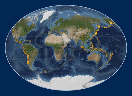 Photo for Arabian tectonic plate on the Blue Marble satellite map in the Fahey projection centered meridionally. Locations of earthquakes above 6.5 magnitude recorded since the early 17th century - Royalty Free Image